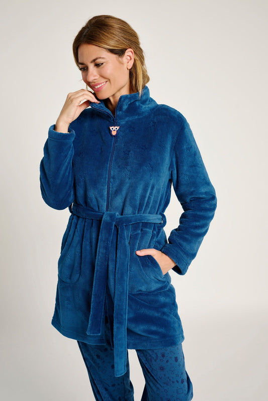 VESTAGLIA CORTA IN PILE BLU MUYDEMI