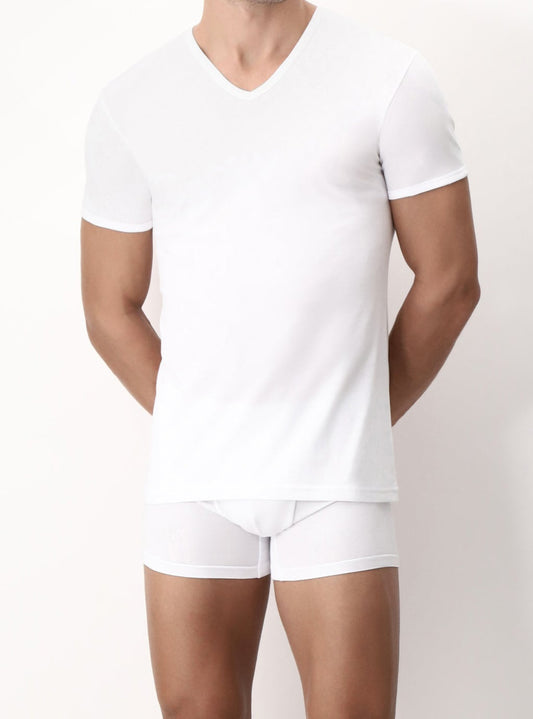 T-SHIRT CON SCOLLO A V 5324 IN COTONE NATURAL COMFORT CAGI