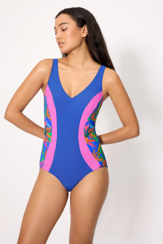COSTUME INTERO DA BAGNO EFFETTO MODELLANTE CON INSERTI STAMPA TROPICALE YSABEL MORA