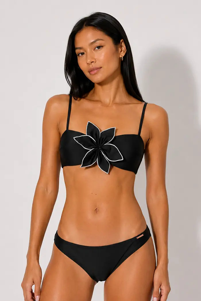 COMPLETO BIKINI A FASCIA CON DETTAGLIO MAXI FIORE NERO YSABEL MORA