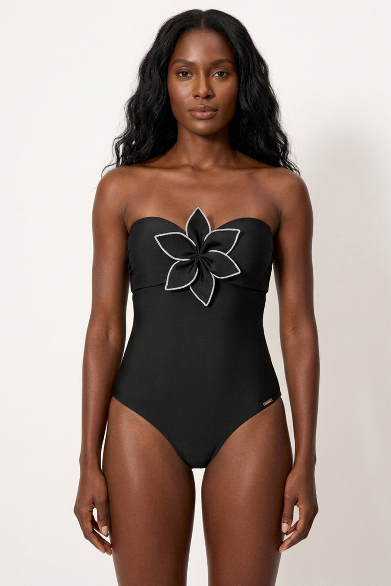 COSTUME INTERO DA BAGNO EFFETTO MODELLANTE NERO CON DETTAGLIO MAXI FIORE YSABEL MORA