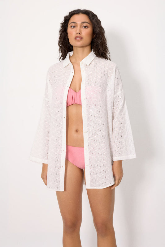 CAMICIA DA SPIAGGIA LUNGA IN PIZZO SANGALLO BIANCO YSABEL MORA