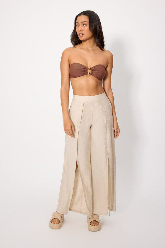 PANTALONI ESTIVI CON SPACCHI IN LINO E VISCOSA BEIGE YSABEL MORA