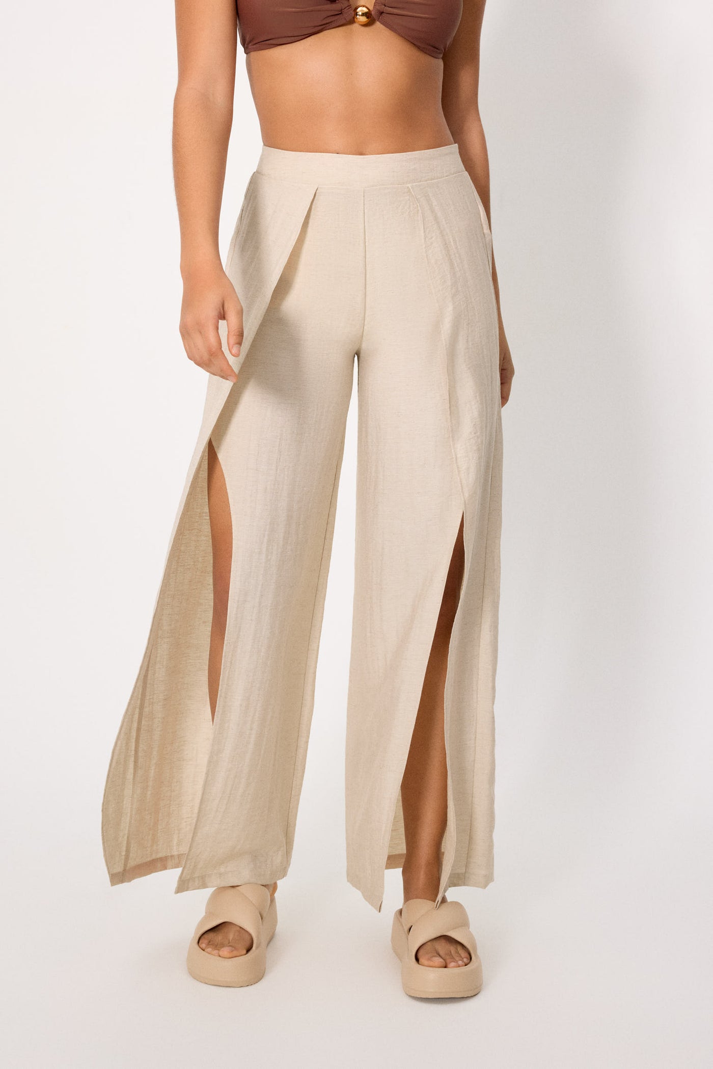 PANTALONI ESTIVI CON SPACCHI IN LINO E VISCOSA BEIGE YSABEL MORA