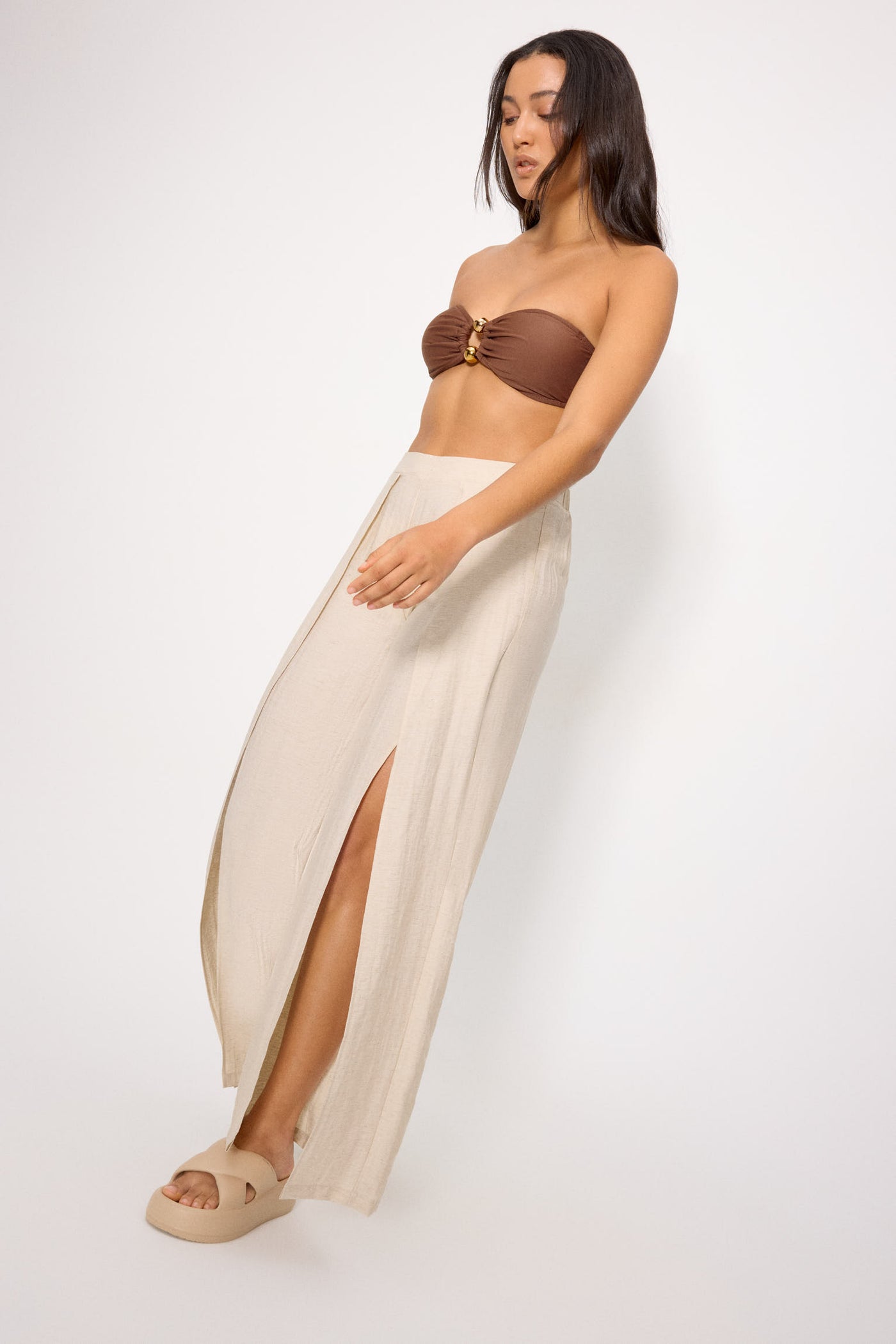 PANTALONI ESTIVI CON SPACCHI IN LINO E VISCOSA BEIGE YSABEL MORA