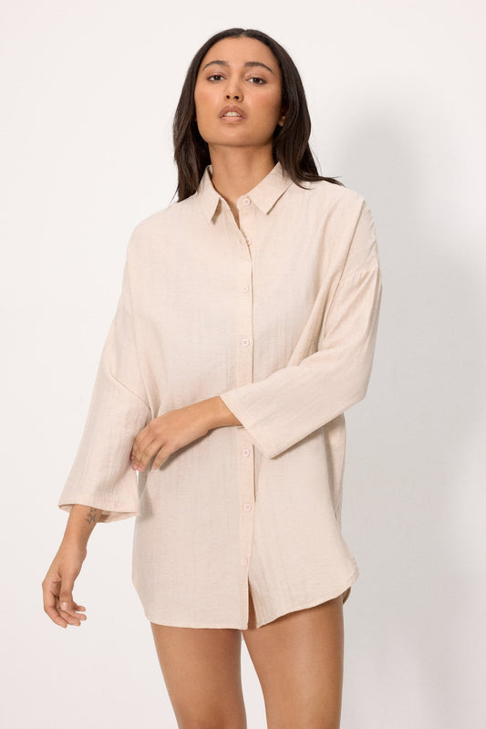 CAMICIA DA SPIAGGIA LUNGA IN LINO E VISCOSA BEIGE YSABEL MORA