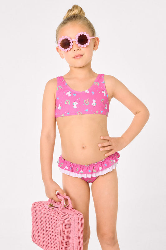 BIKINI BAMBINA ROSA CON STAMPA UNICORNI E ARCOBALENI YSABEL MORA