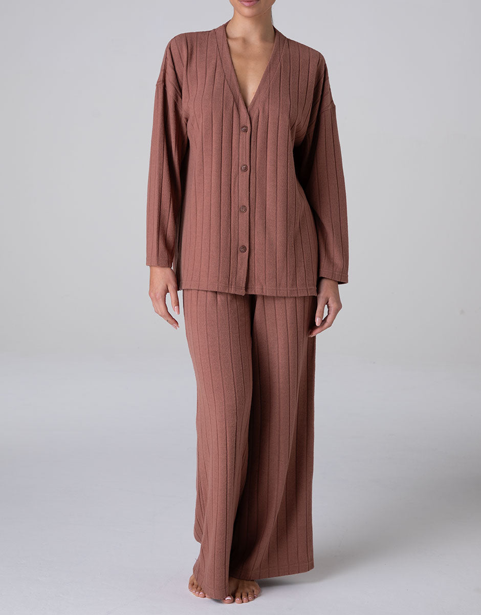 HOMEWEAR PIGIAMA APERTO IN CALDA MAGLIA A COSTINE MARRONE AMBRATO LOVABLE
