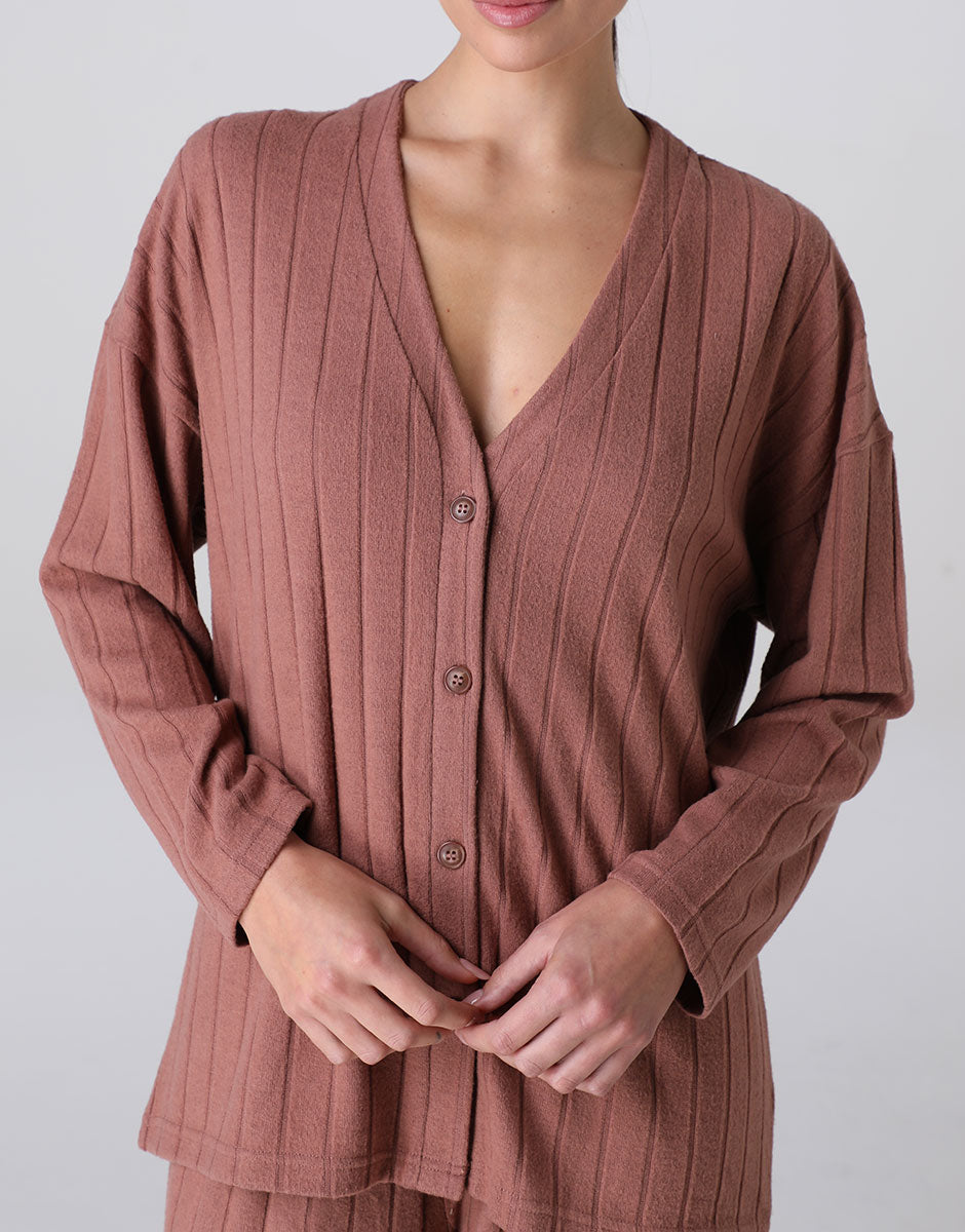 HOMEWEAR PIGIAMA APERTO IN CALDA MAGLIA A COSTINE MARRONE AMBRATO LOVABLE