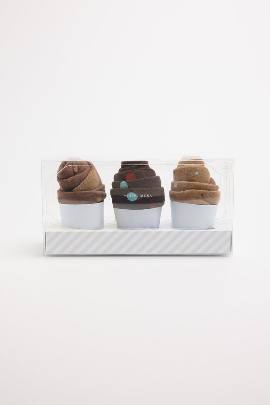 CONFEZIONE REGALO DA 3 CALZINI A FORMA DI MUFFIN AL CIOCCOLATO YSABEL MORA